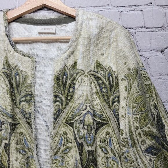Chico's Embellished Heritage Tweed Jacket Green Frayed Trim Accent Size ? - Picture 5 of 14